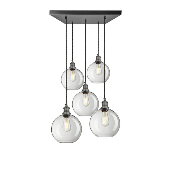 Brooklyn Glass Globe 5 Wire Square Cluster Lights - 9 inch - Clear