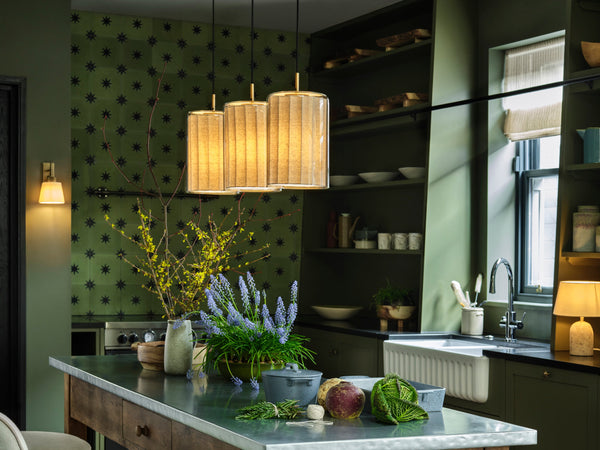Bude Cylinder 3 Wire Cluster Pendant Light - Linen & Clear Glass