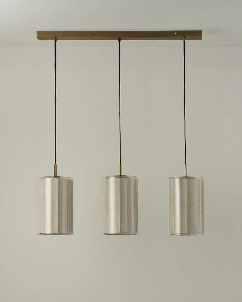 Bude Cylinder 3 Wire Cluster Pendant Light - Linen & Clear Glass