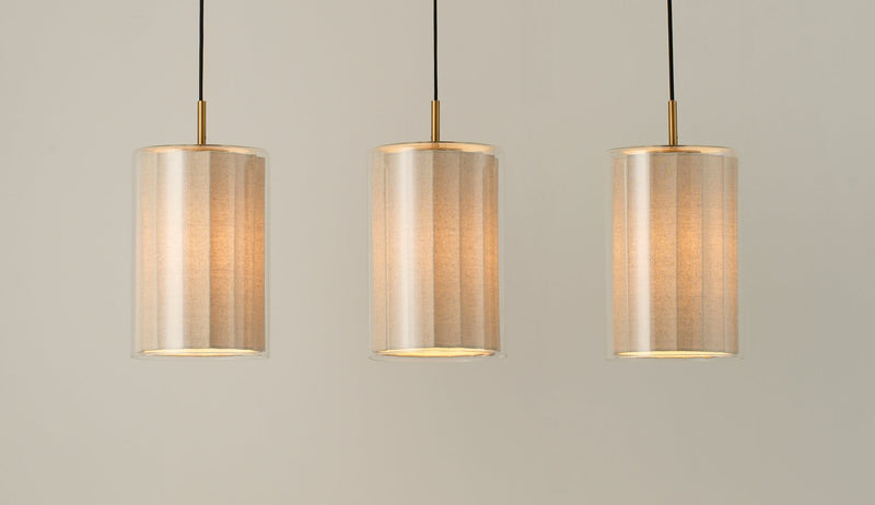 Bude Cylinder 3 Wire Cluster Pendant Light - Linen & Clear Glass