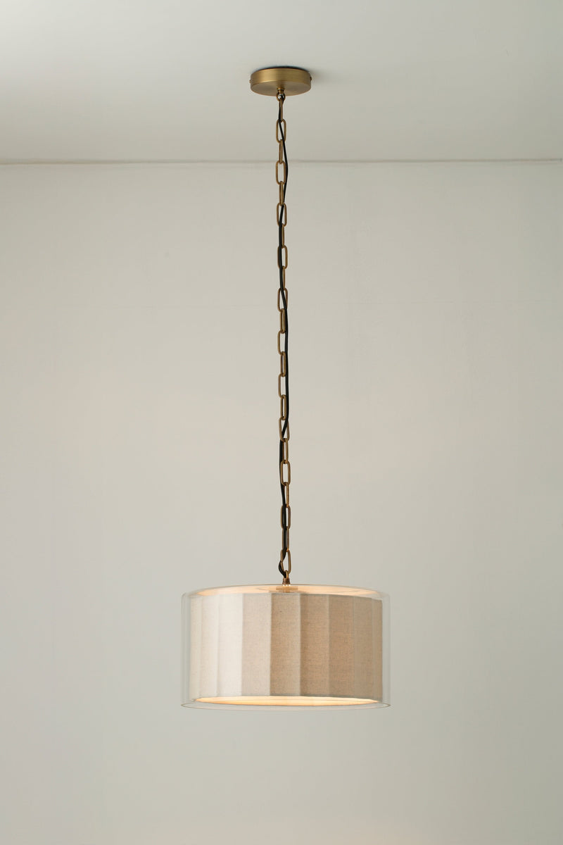 Bude Circular Pendant Light - Linen & Clear Glass