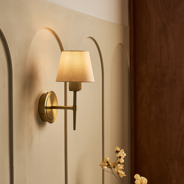 Knurled Empire Torch Wall Light - Light Natural Cotton - Brass