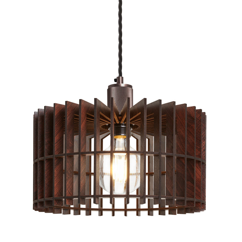 Rift Slatted Wooden Drum Pendant Light - Dark