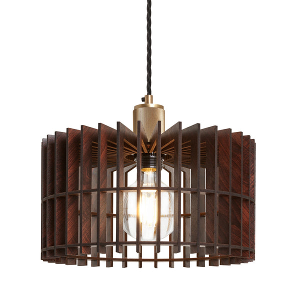 Rift Slatted Wooden Drum Pendant Light - Dark