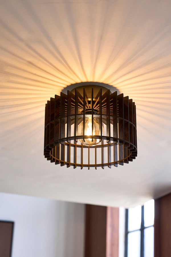 Rift Slatted Wooden Drum Semi Flush Mount Light - Dark