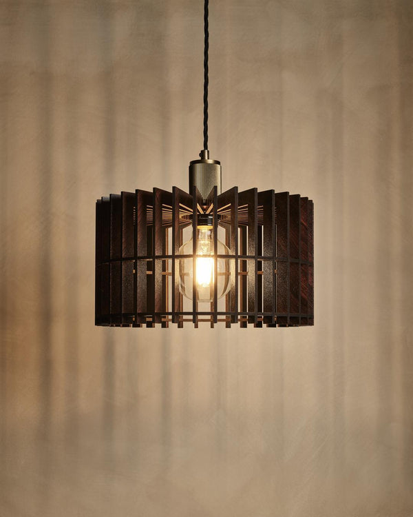 Rift Slatted Wooden Drum Pendant Light - Dark