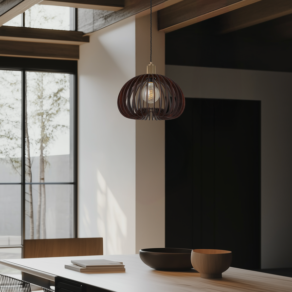 Rift Slatted Wooden Mushroom Wooden Pendant Light - Dark