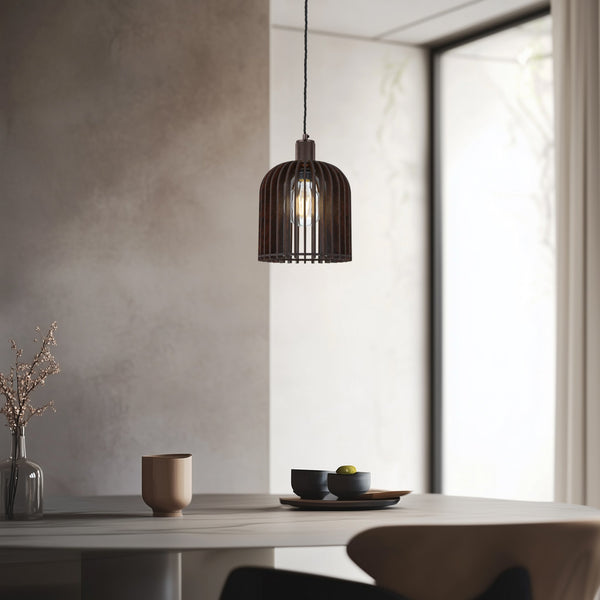 Rift Slatted Wooden Small Cone Pendant Light - Dark